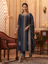 Heritage navy blue silk kurti set women