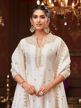 Opulent white embroidered silk kurti set women