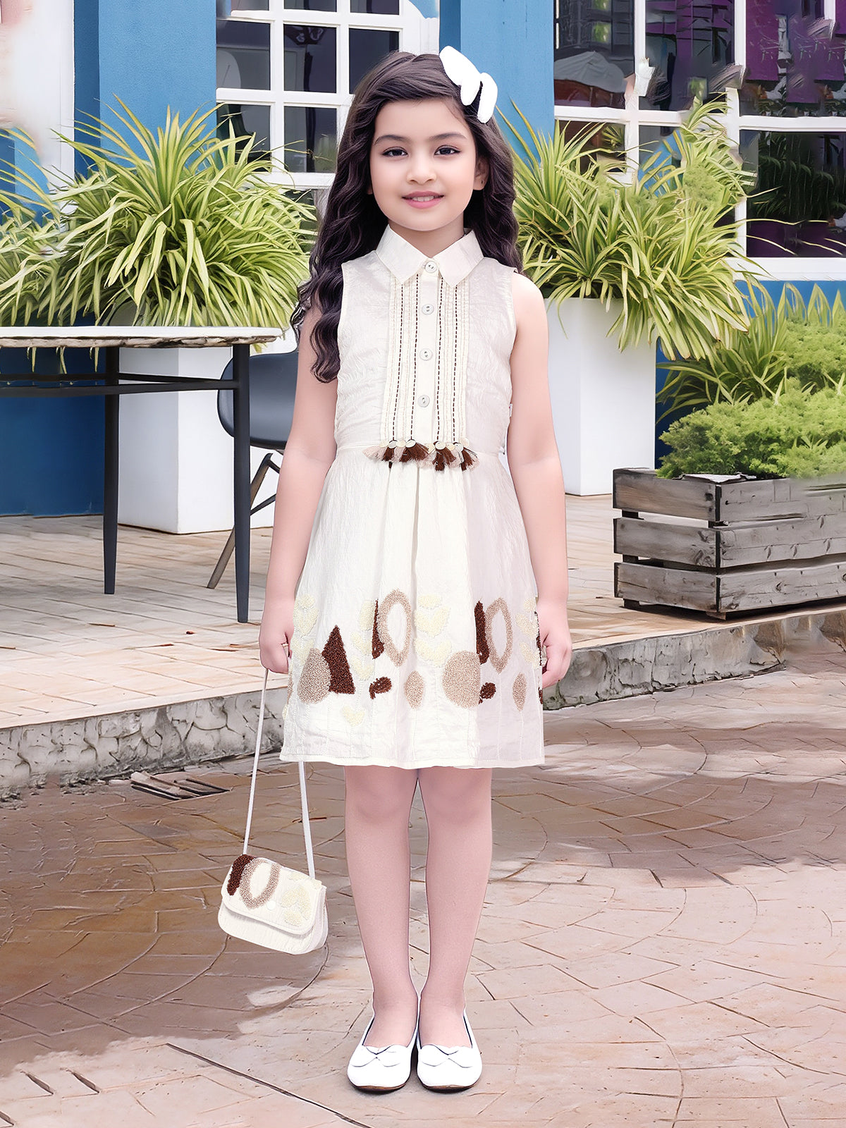Off white thread work patch silk frock for girls