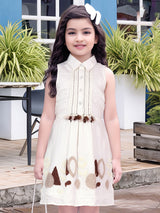 Off white thread work patch silk frock for girls