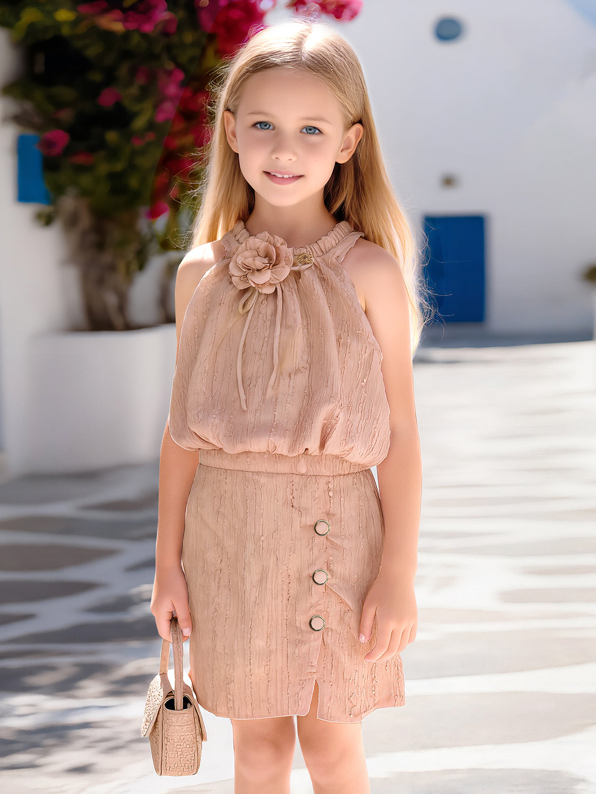 Onion pink halter chiffon silk dress for girls