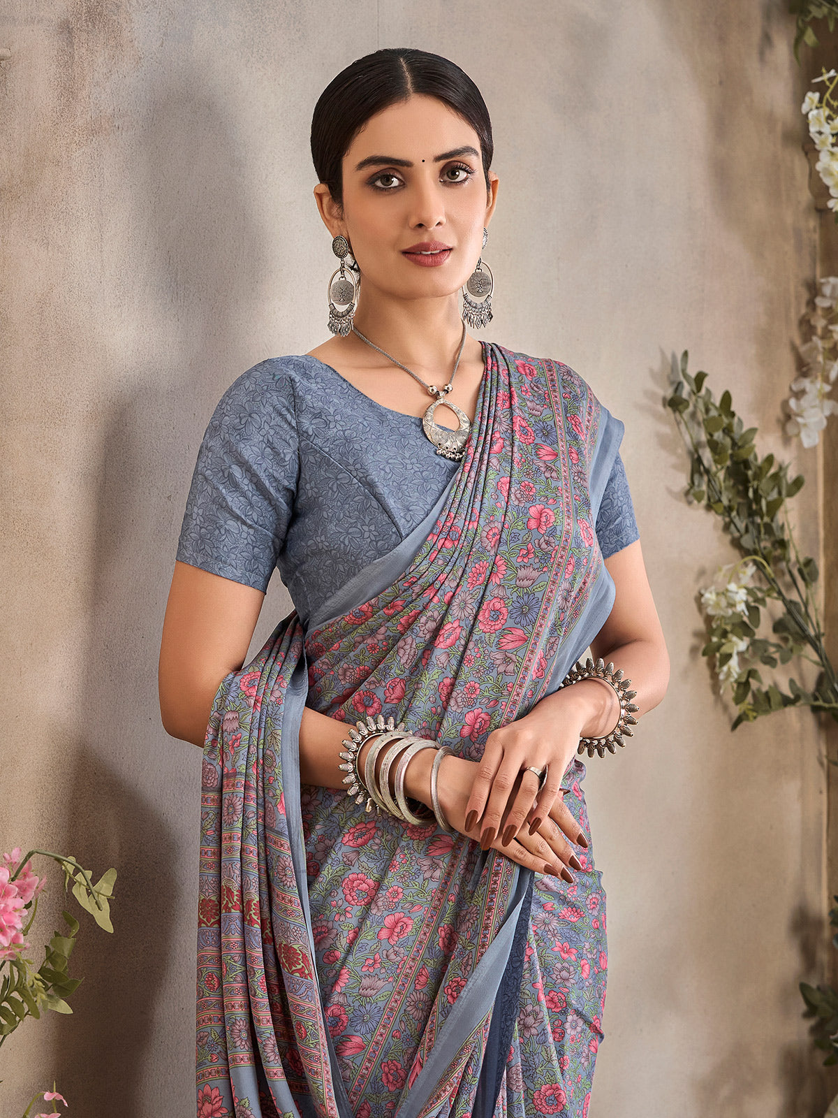 Pastel grey floral printed crepe silk casual saree