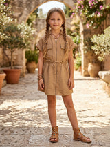 Beige beads work cotton silk dress for girls