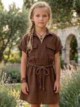 Brown beads work cotton silk dress for girls