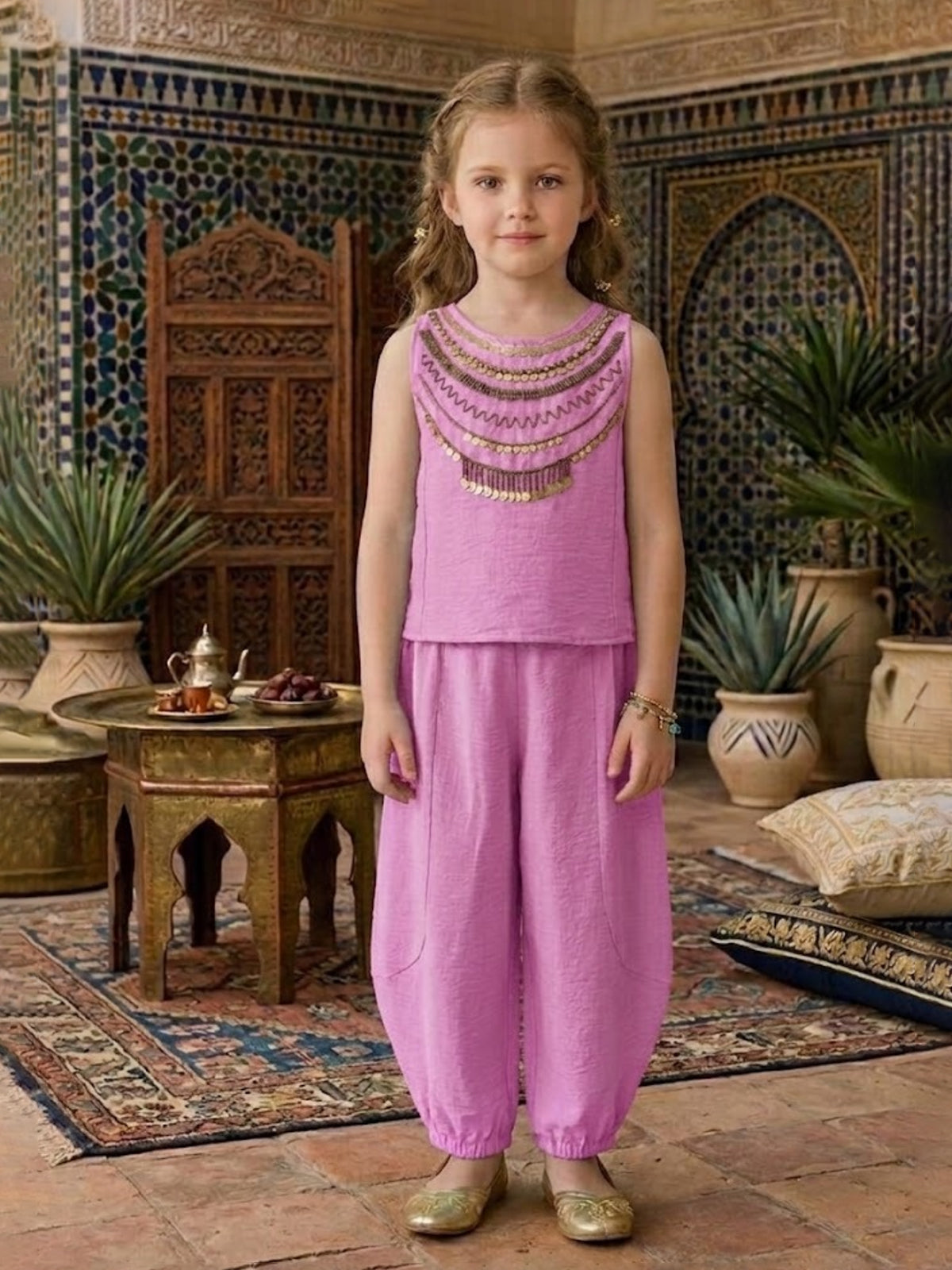 Pink embellished dhoti co-ord set for girls