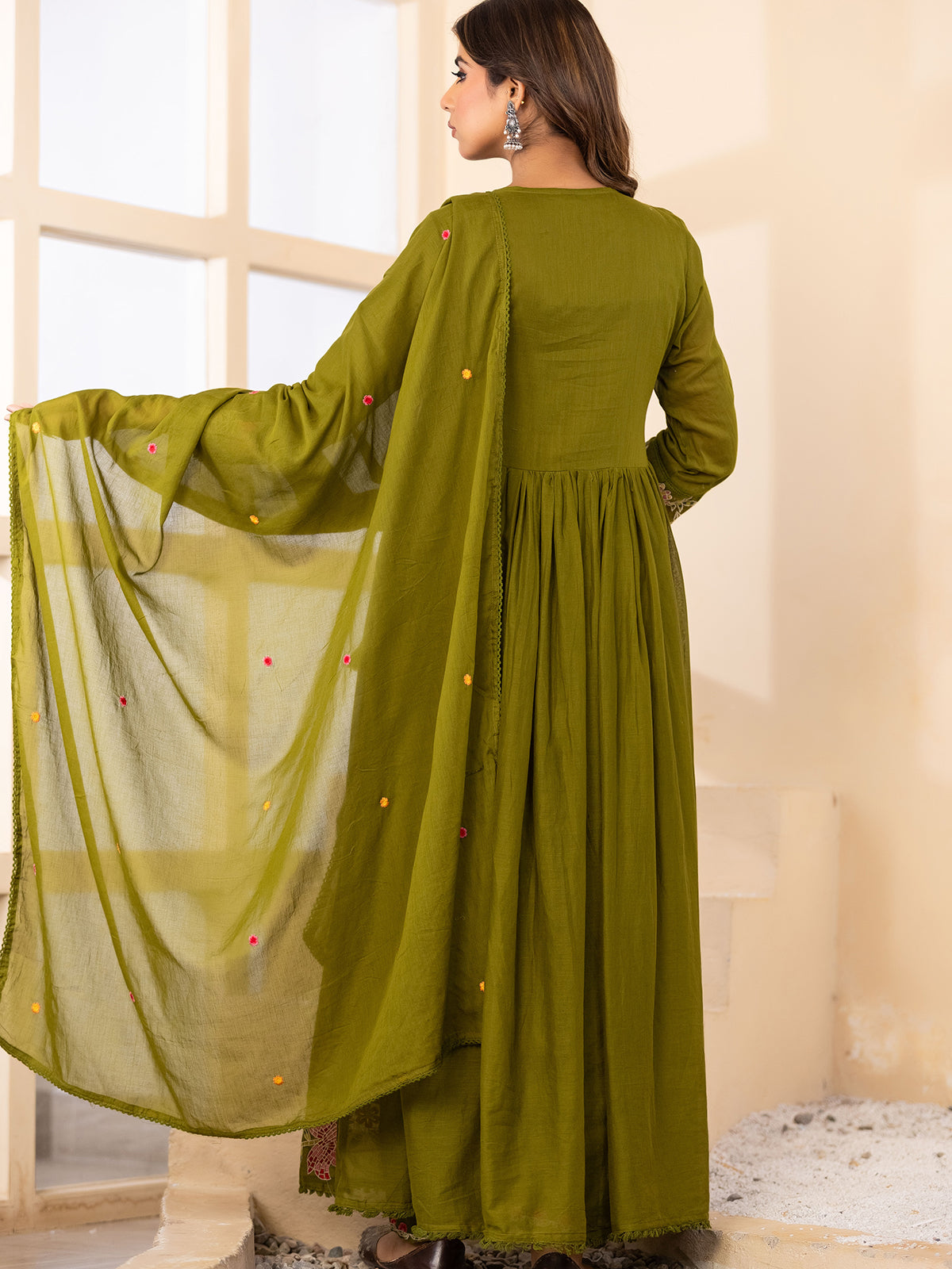 Green floral angrakha cotton silk kurti set