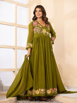 Green floral angrakha cotton silk kurti set