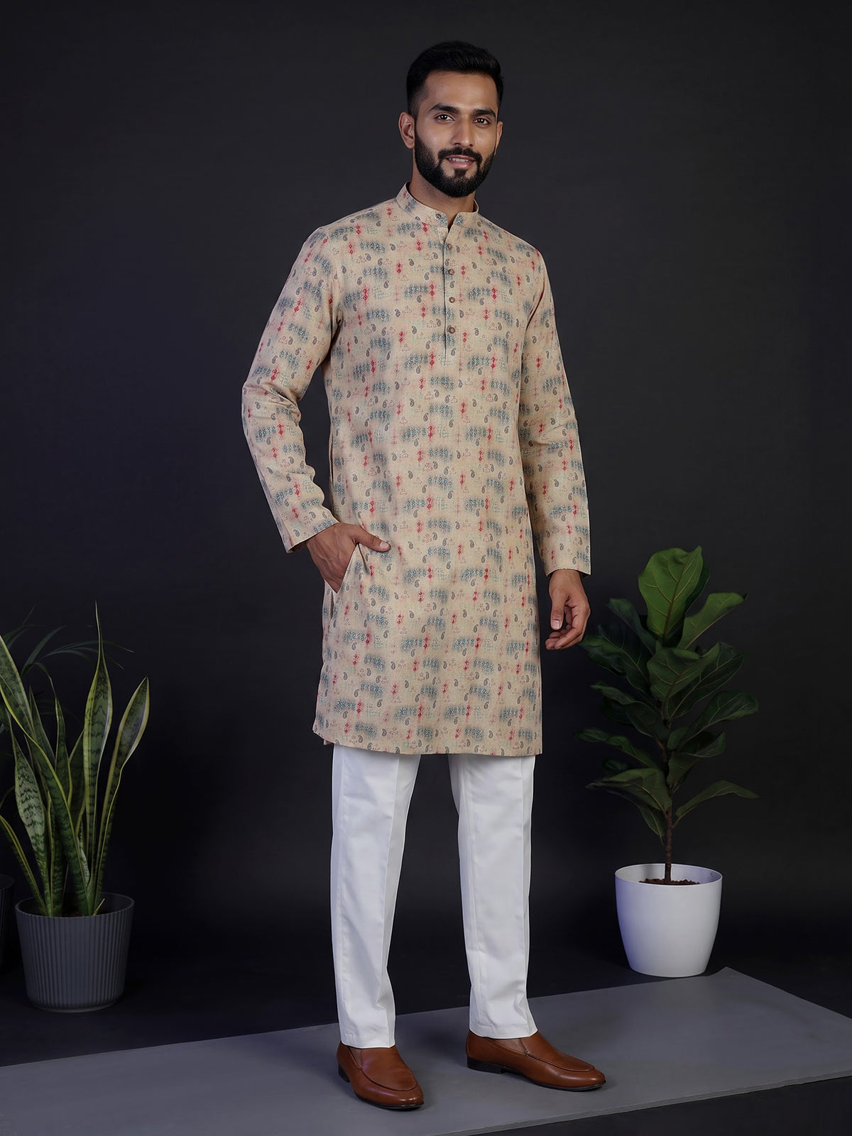 Beige silk printed festive kurta suit for men with mandarin collar