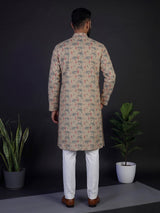 Beige silk printed festive kurta suit for men with mandarin collar