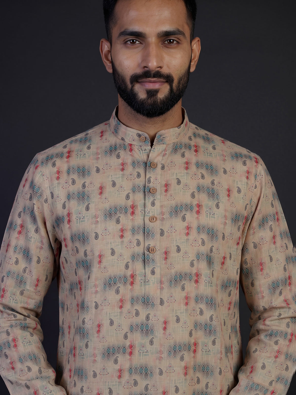 Beige silk printed festive kurta suit for men with mandarin collar