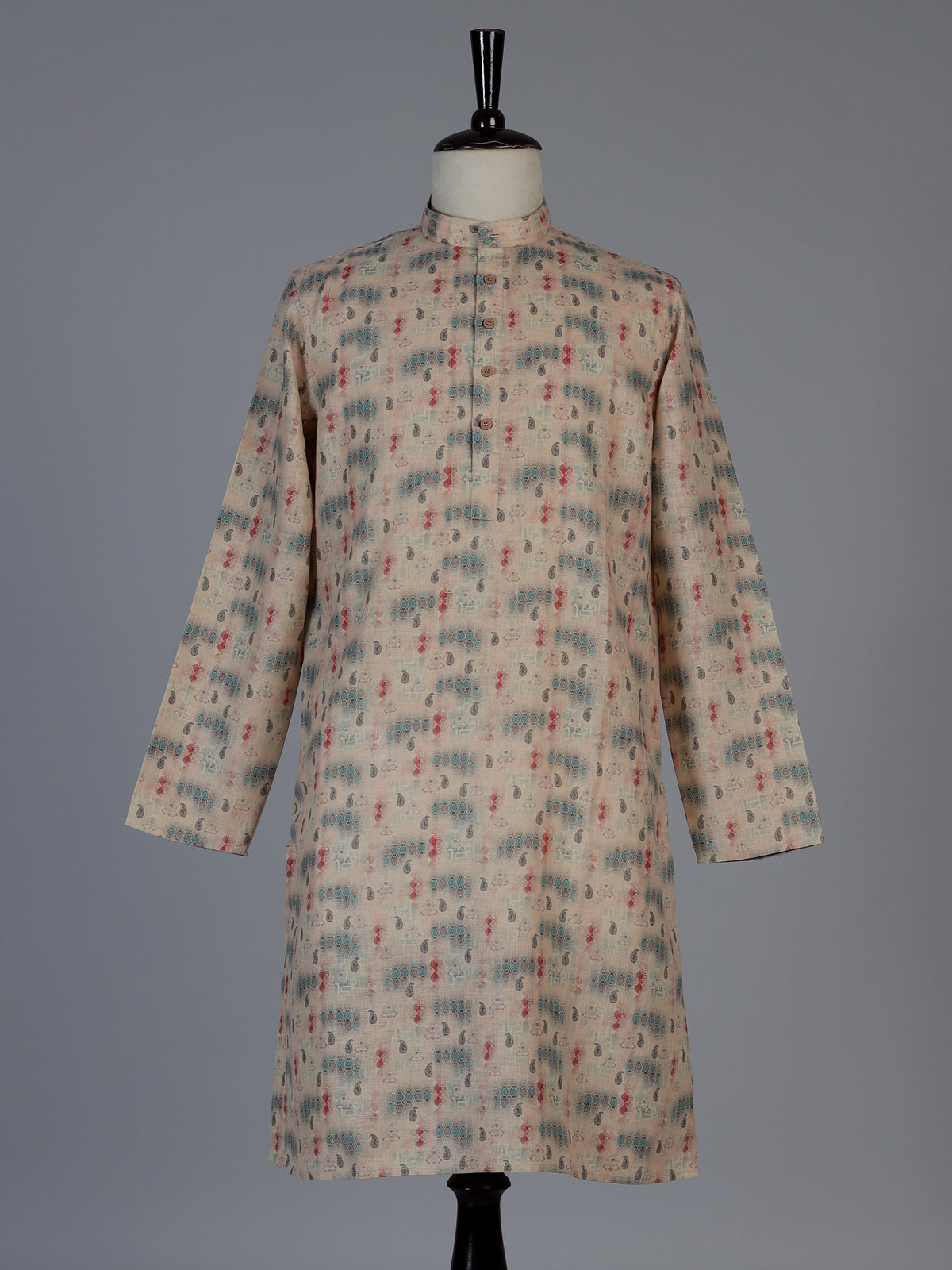 Beige silk printed festive kurta suit for men with mandarin collar