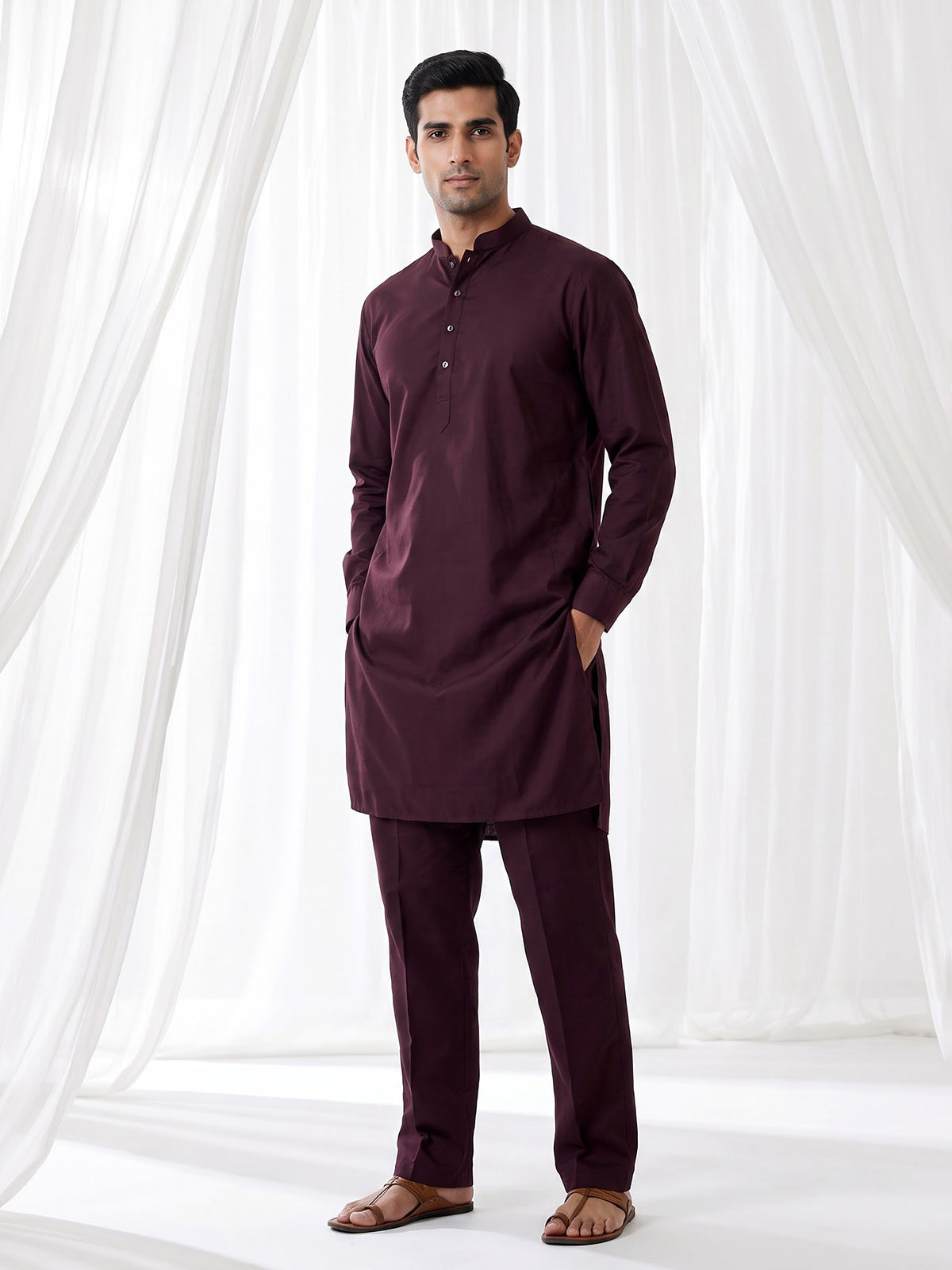 Wine solid cotton festive kurta suit for men with elegant mandarin collar