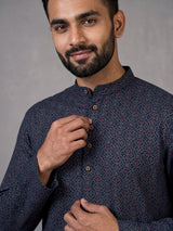 Dark blue bandhani printed cotton festive kurta suit for men