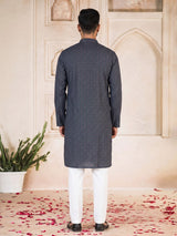 Dark blue bandhani printed cotton festive kurta suit for men