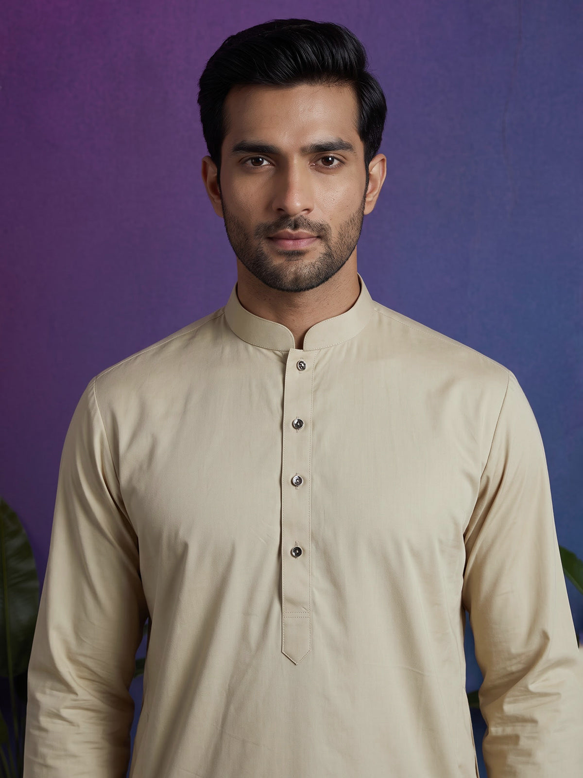 Beige silk solid festive kurta suit for men with classic mandarin collar
