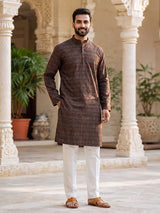 Charcoal black silk printed kurta suit for men with mandarin collar charm