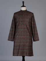 Charcoal black silk printed kurta suit for men with mandarin collar charm