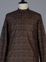 Charcoal black silk printed kurta suit for men with mandarin collar charm