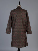 Charcoal black silk printed kurta suit for men with mandarin collar charm