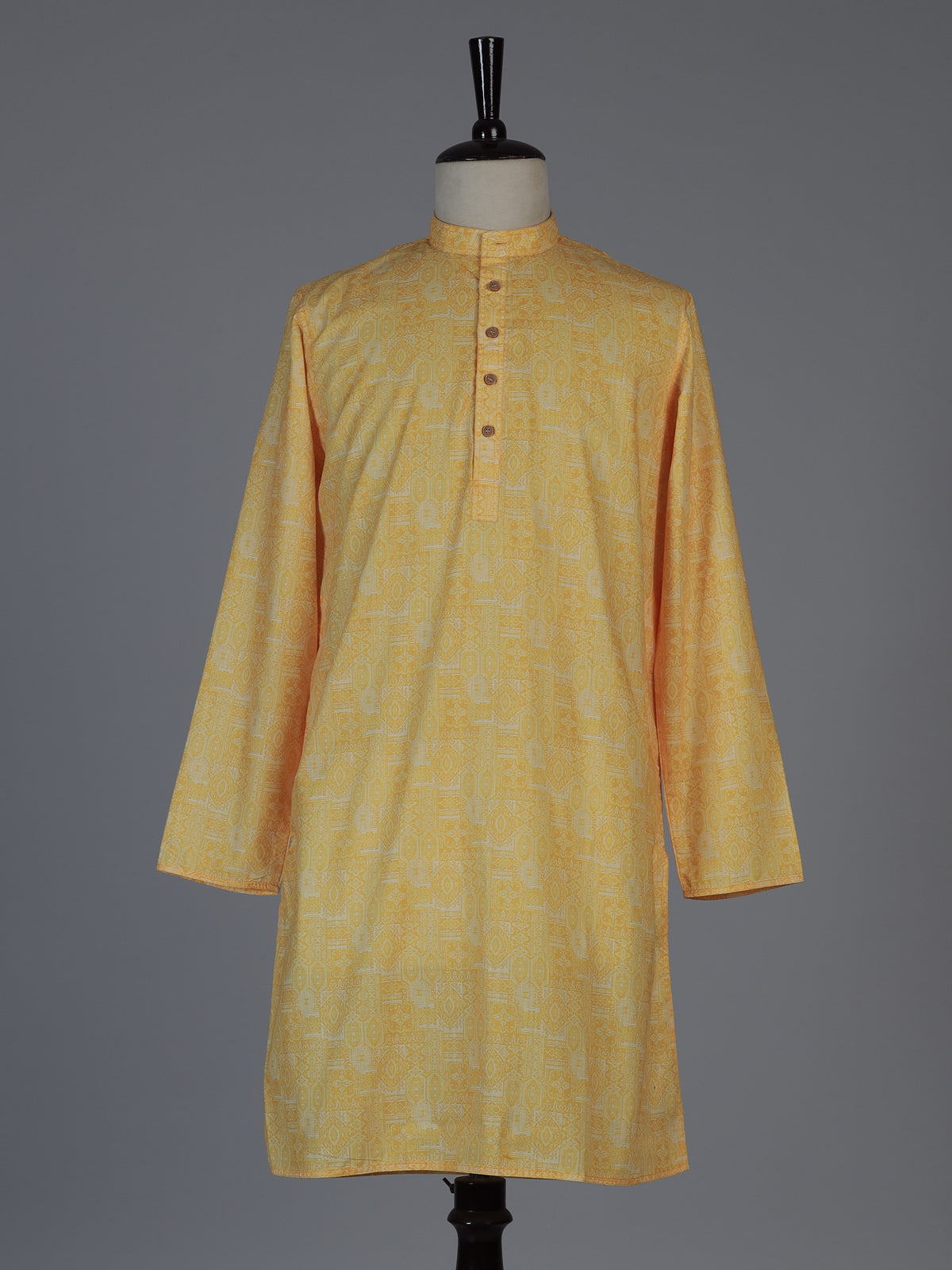 Yellow silk printed festive kurta suit for men with elegant mandarin collar