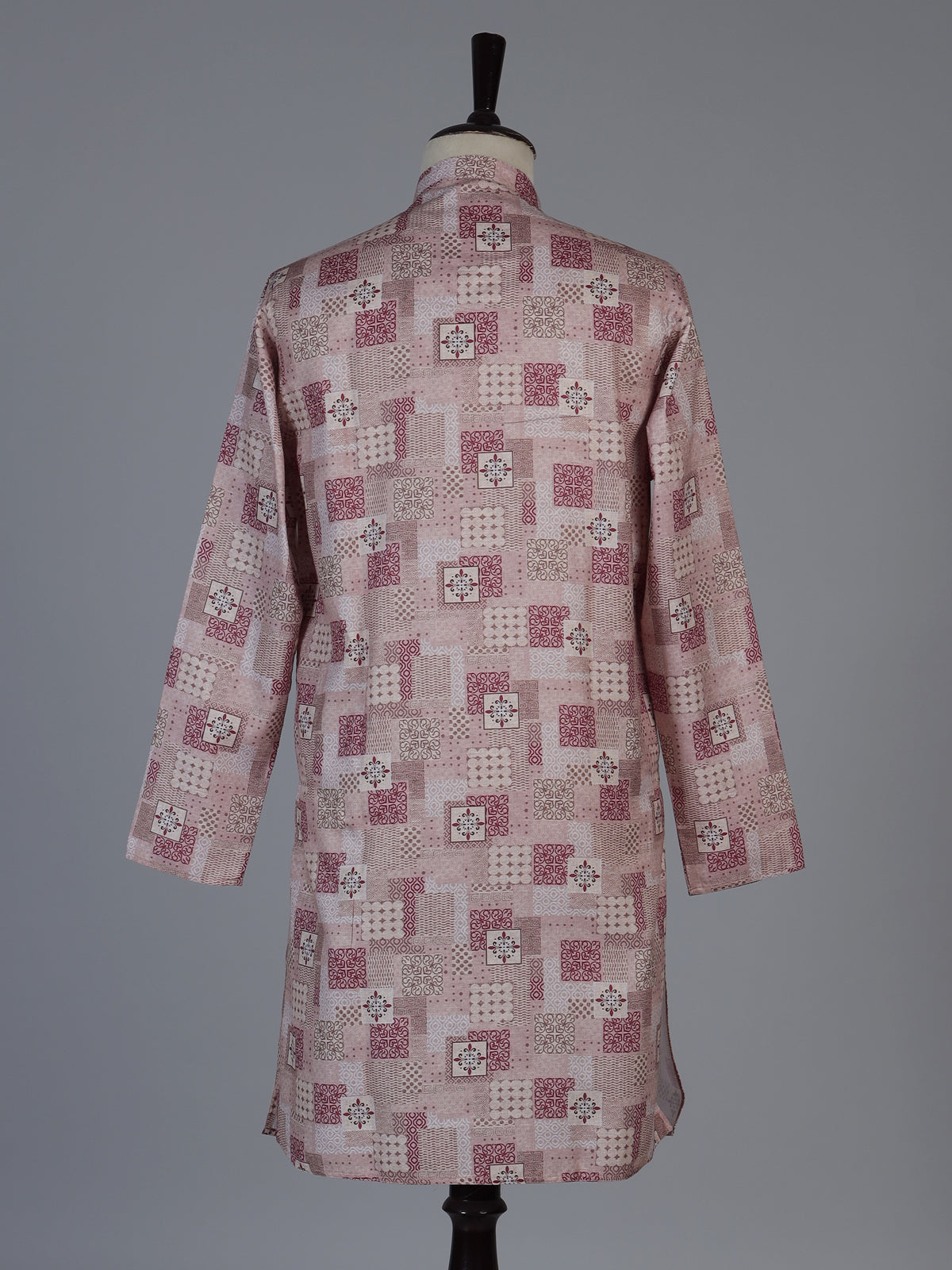 Pink silk printed festive kurta suit for men with stylish mandarin collar design