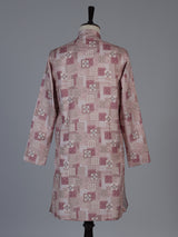 Pink silk printed festive kurta suit for men with stylish mandarin collar design