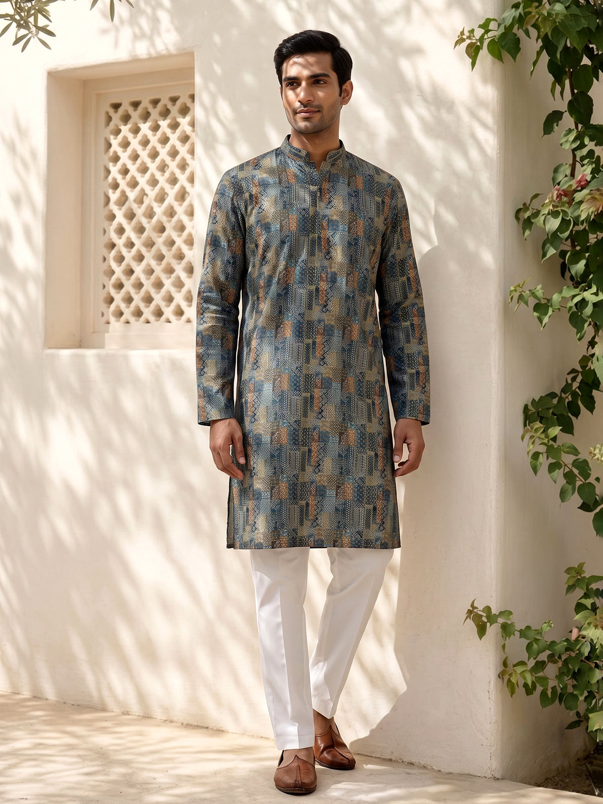 Green silk printed festive kurta suit for men with refined mandarin collar style