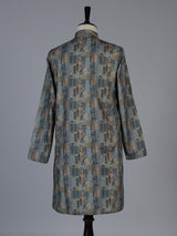 Green silk printed festive kurta suit for men with refined mandarin collar style