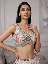Beige silk designer wedding wear lehenga choli with contrast dupatta