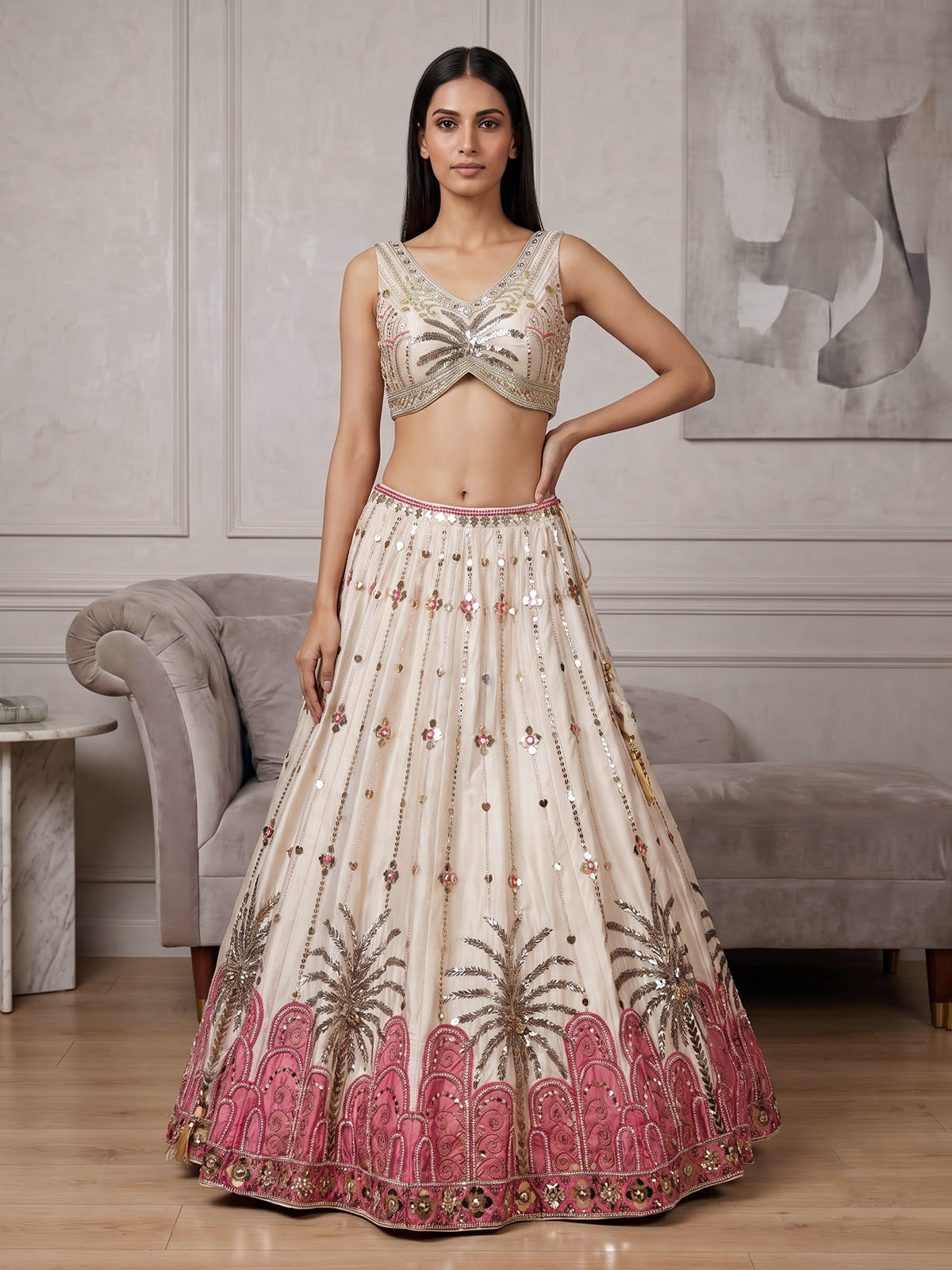 Beige silk designer wedding wear lehenga choli with contrast dupatta
