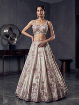 Beige raw silk floral lehenga choli with dupatta