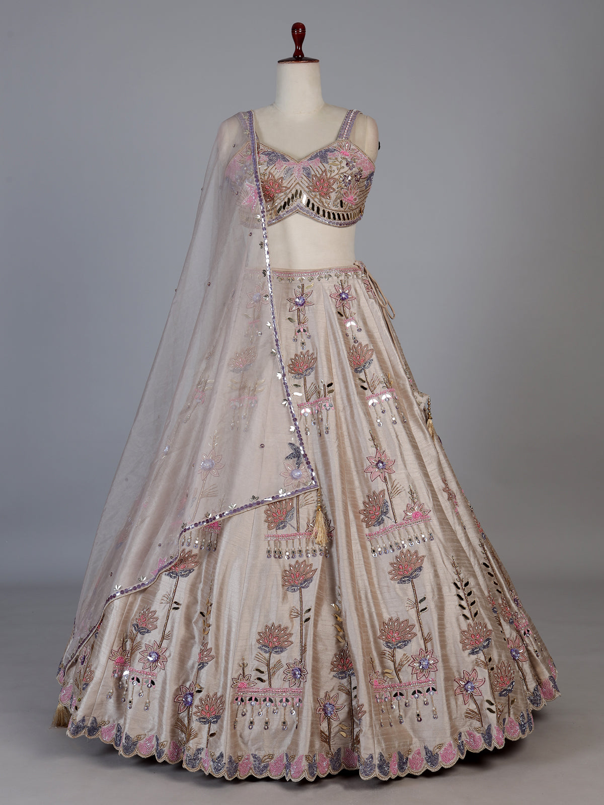 Beige raw silk floral lehenga choli with dupatta