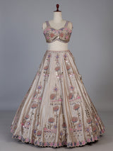 Beige raw silk floral lehenga choli with dupatta