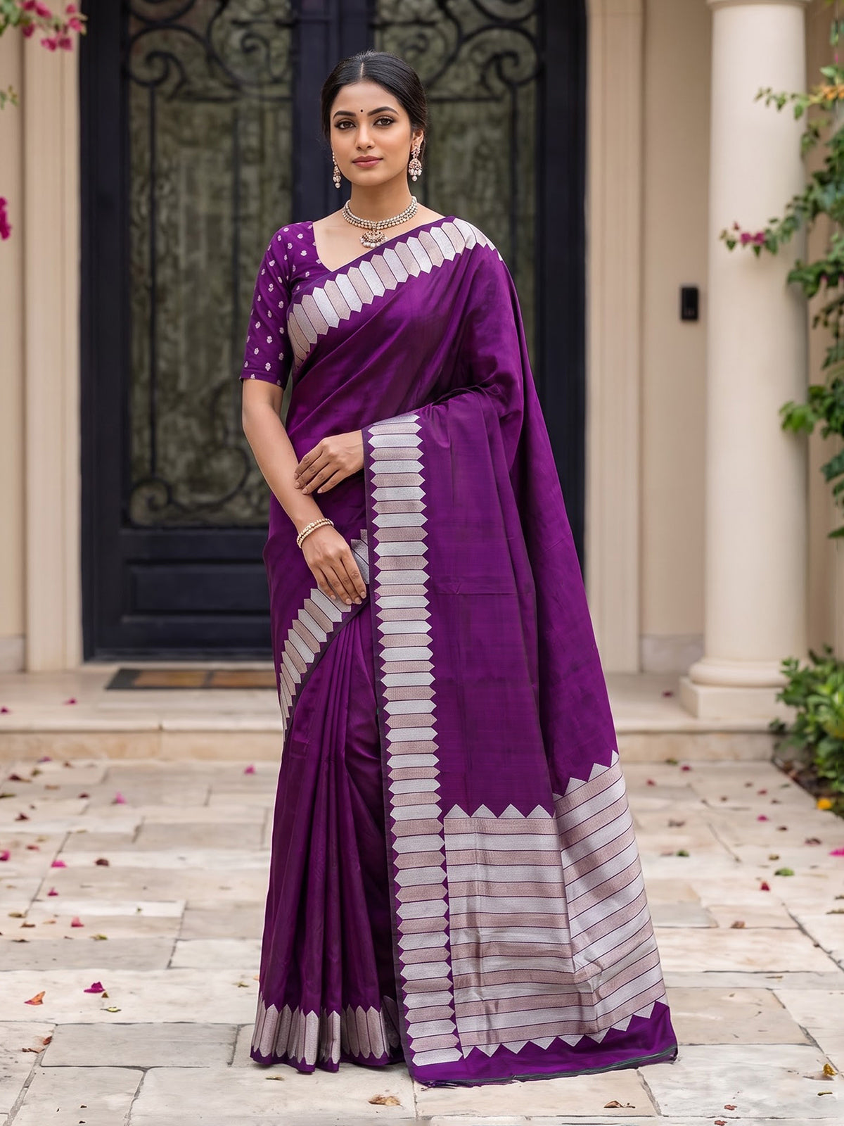 Purple satin silk saree with traditional zari border design
