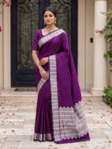 Purple satin silk saree with traditional zari border design