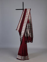 Maroon satin silk saree with elegant zari border and pallu