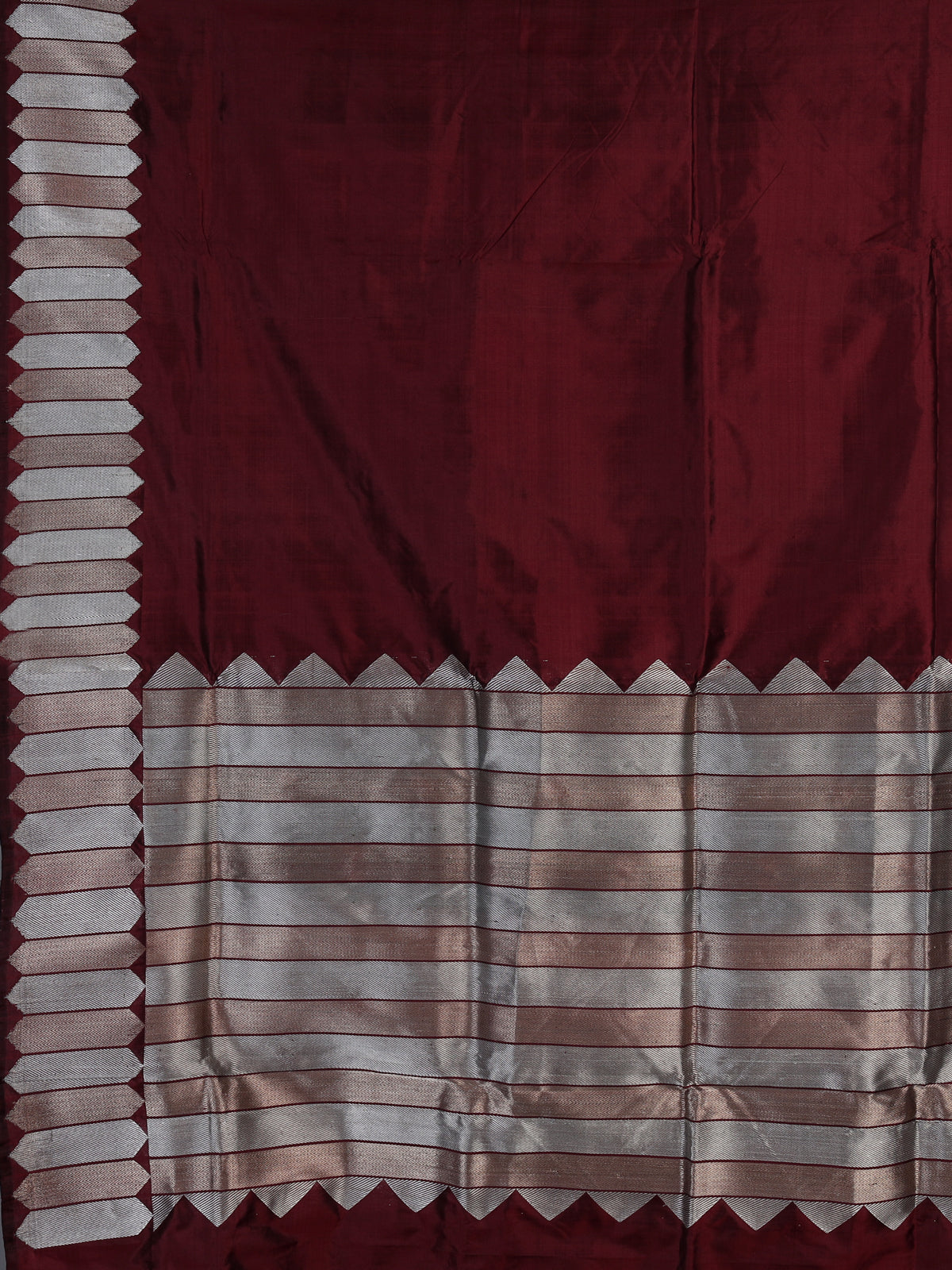 Maroon satin silk saree with elegant zari border and pallu