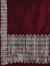 Maroon satin silk saree with elegant zari border and pallu