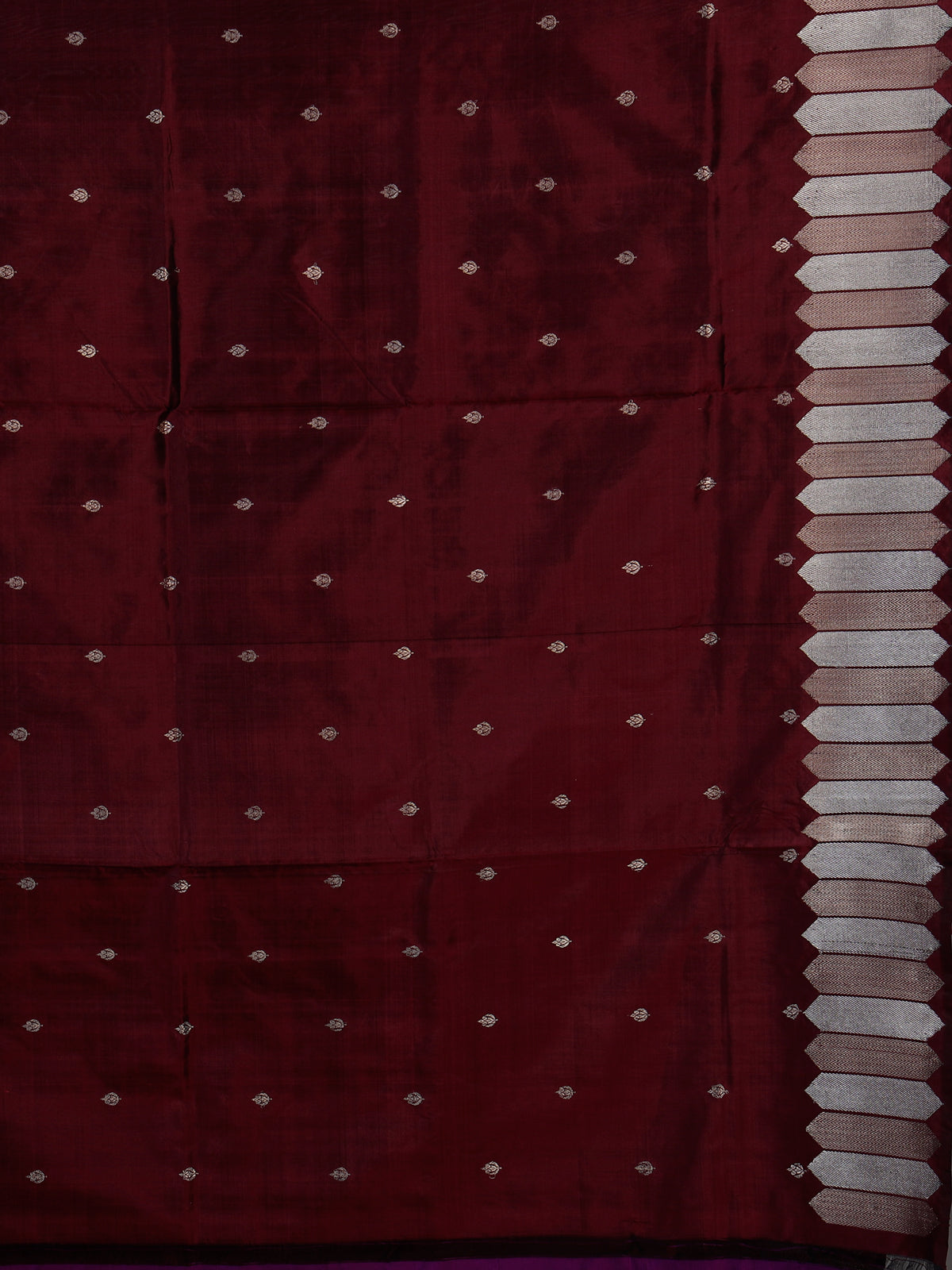 Maroon satin silk saree with elegant zari border and pallu