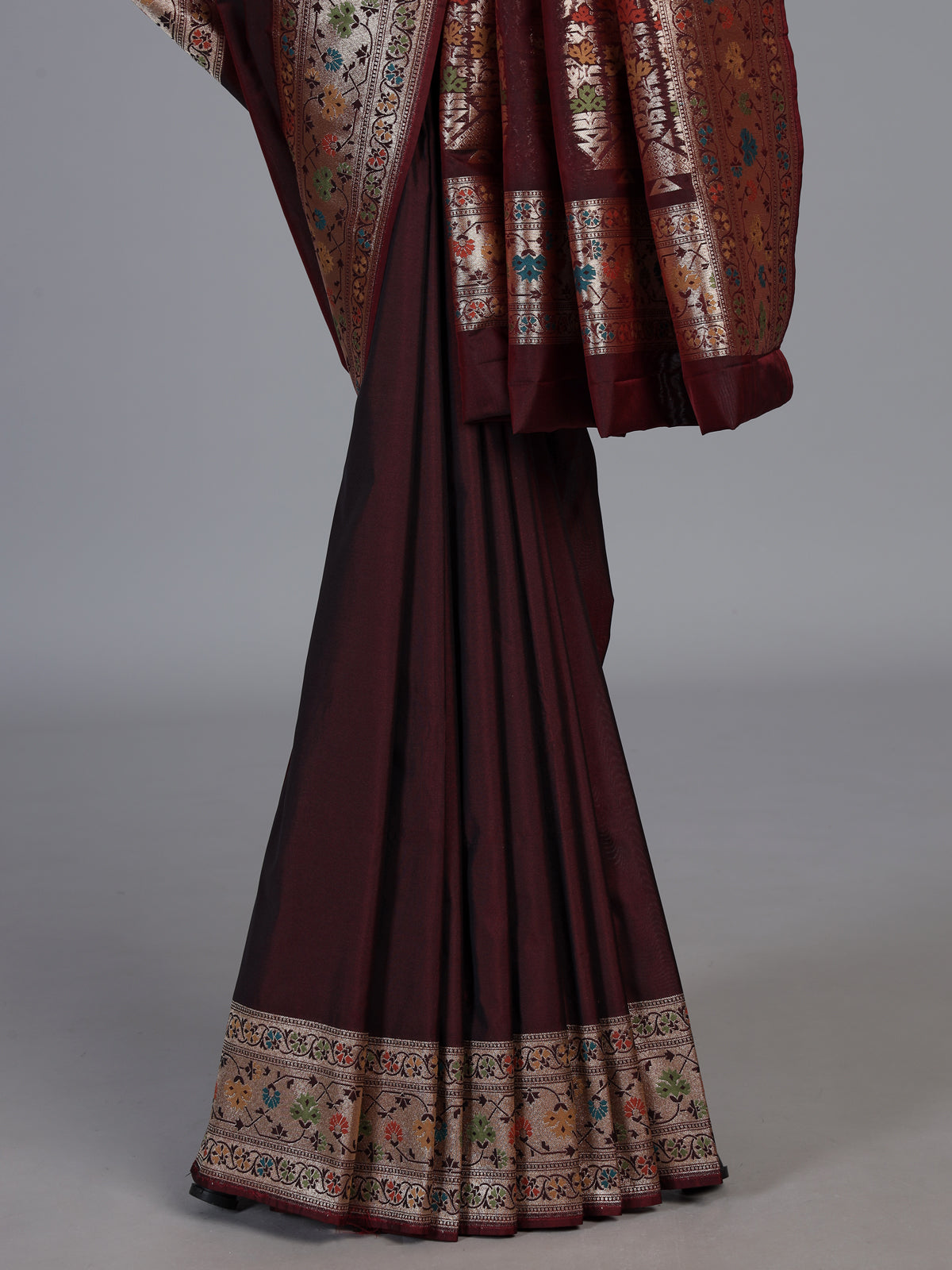 Maroon paithani silk saree with floral zari border elegance