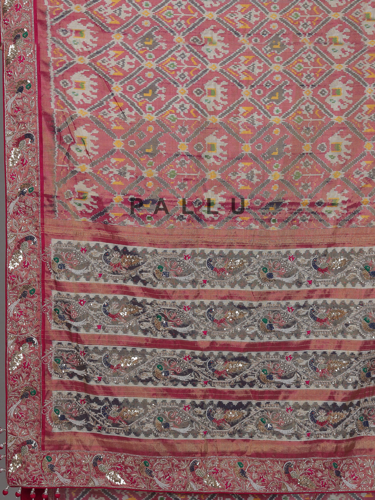 Rani pink tissue patola silk saree with bird motifs