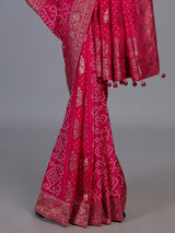 Rani pink dola satin silk bandhej printed festive saree