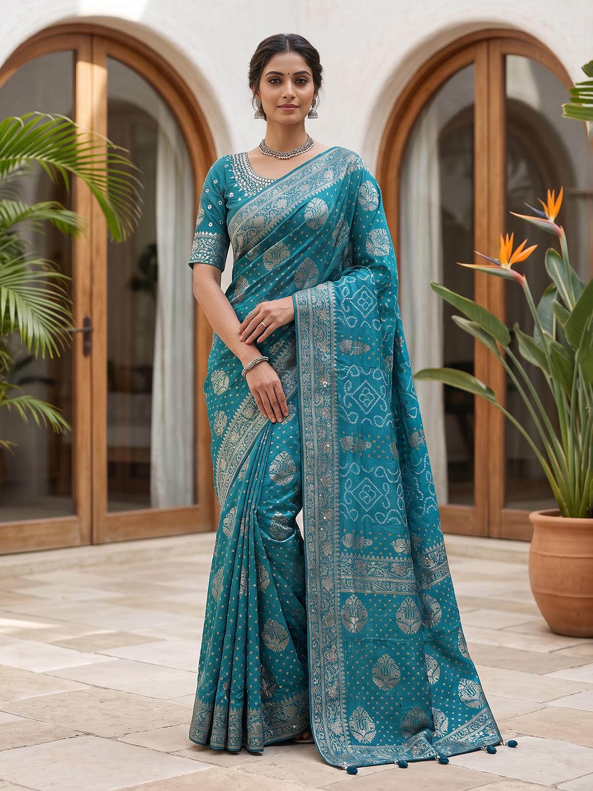 Rama blue dola satin silk bandhej printed designer saree