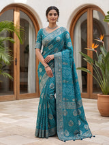 Rama blue dola satin silk bandhej printed designer saree