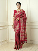 Red art patola silk saree with luxurious handcrafted thread