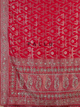 Red modal satin silk saree with bridal embellished elegance
