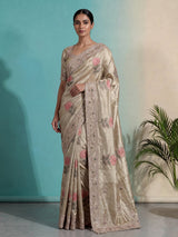 Chikoo beige tissue silk floral saree