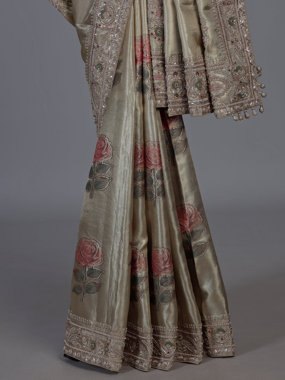 Chikoo beige tissue silk floral saree