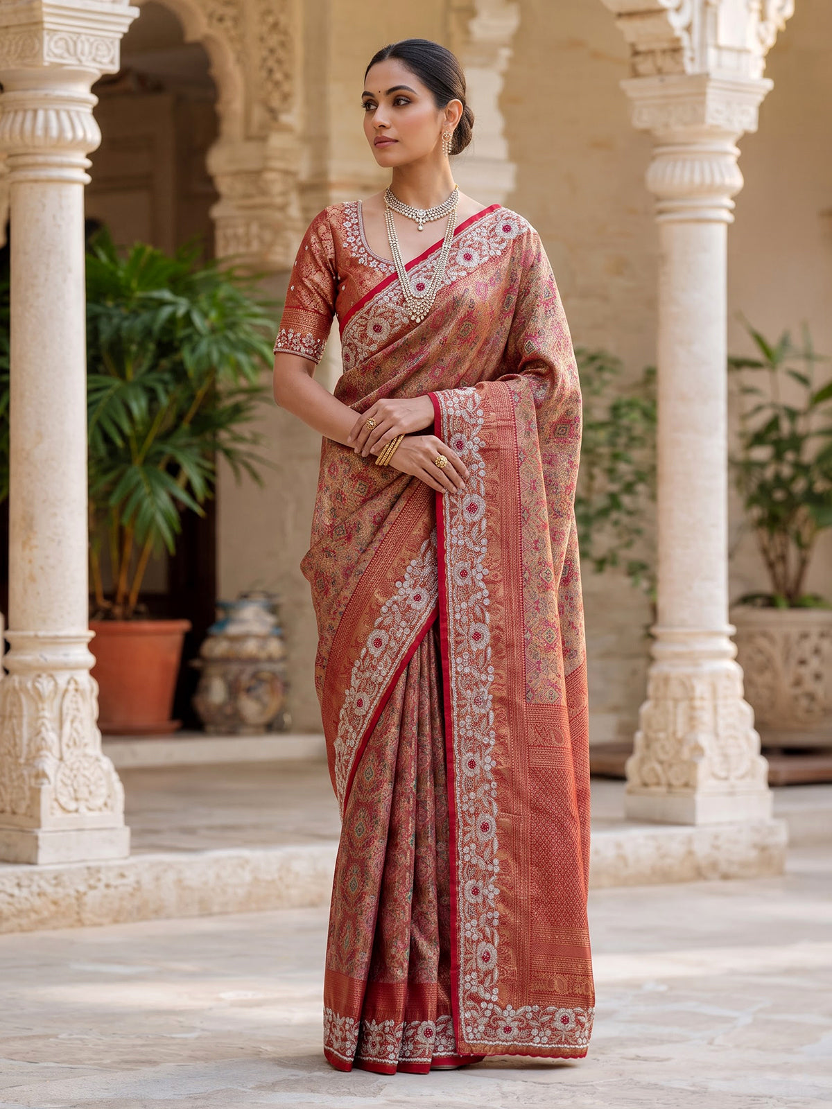 Red kanjivaram tissue silk saree with elegant floral zari craftsmanship