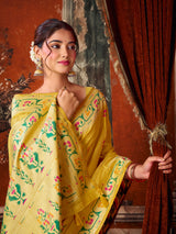 Yellow heritage floral weave tissue silk saree